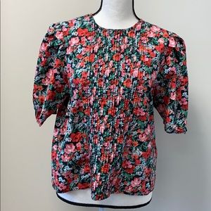 Zara floral puffy sleeve blouse with pleated front